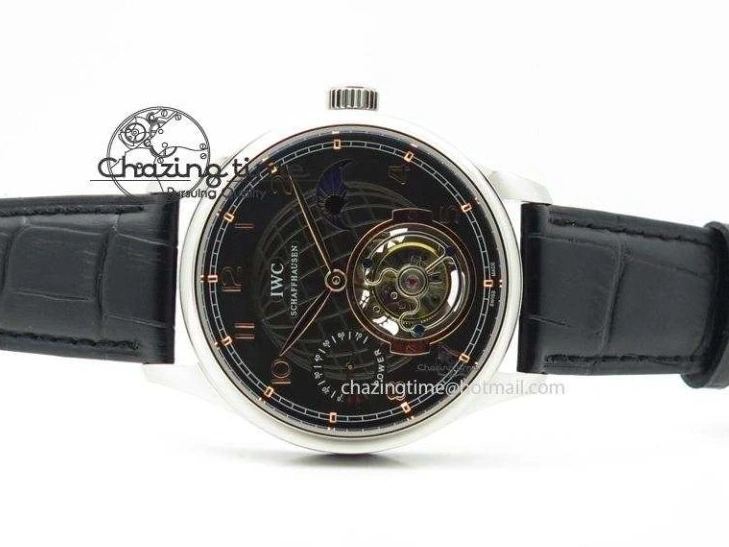 MIROTIME 0204 Portuguese Tourbillon Power Reserve Moonphase SS Black Dial Gold Numbers On Black Leather Strap RelaxedFit 7320